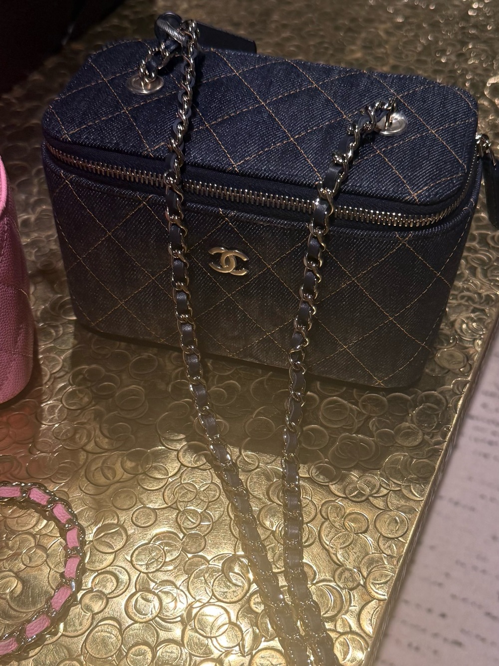 CHANEL, NWTs 2026 Quilted Denim Vanity Case Bag w, silver Denim Chain, sold out